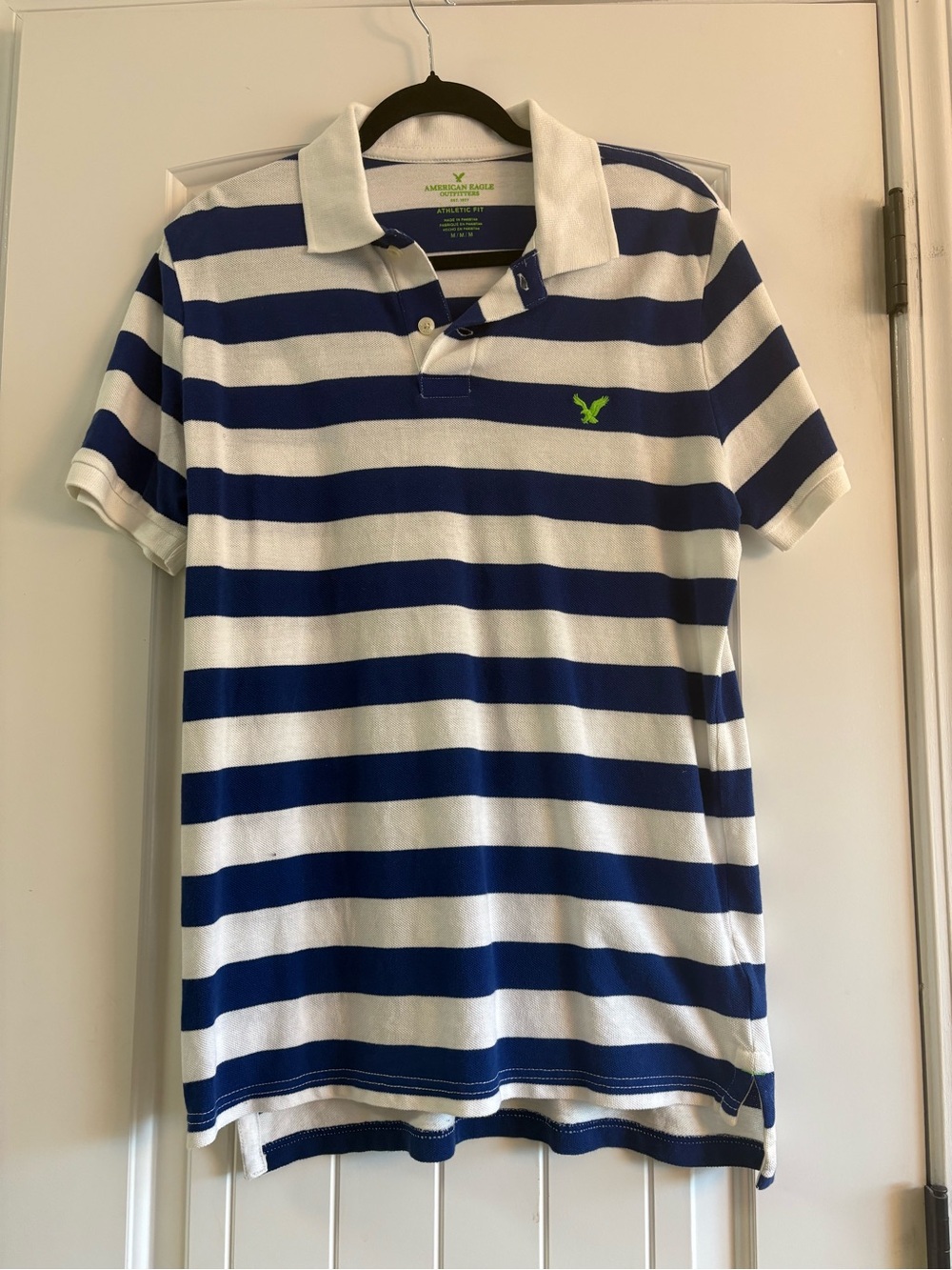 American Eagle Outfitters Navy & White Striped Polo with Green Logo